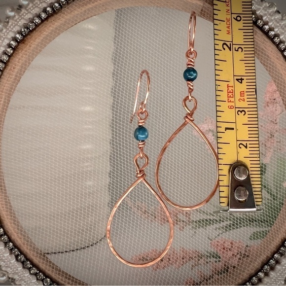 Hammered Copper Wire Wrap Earrings with Blue River Shell Beads - Picture 7 of 13